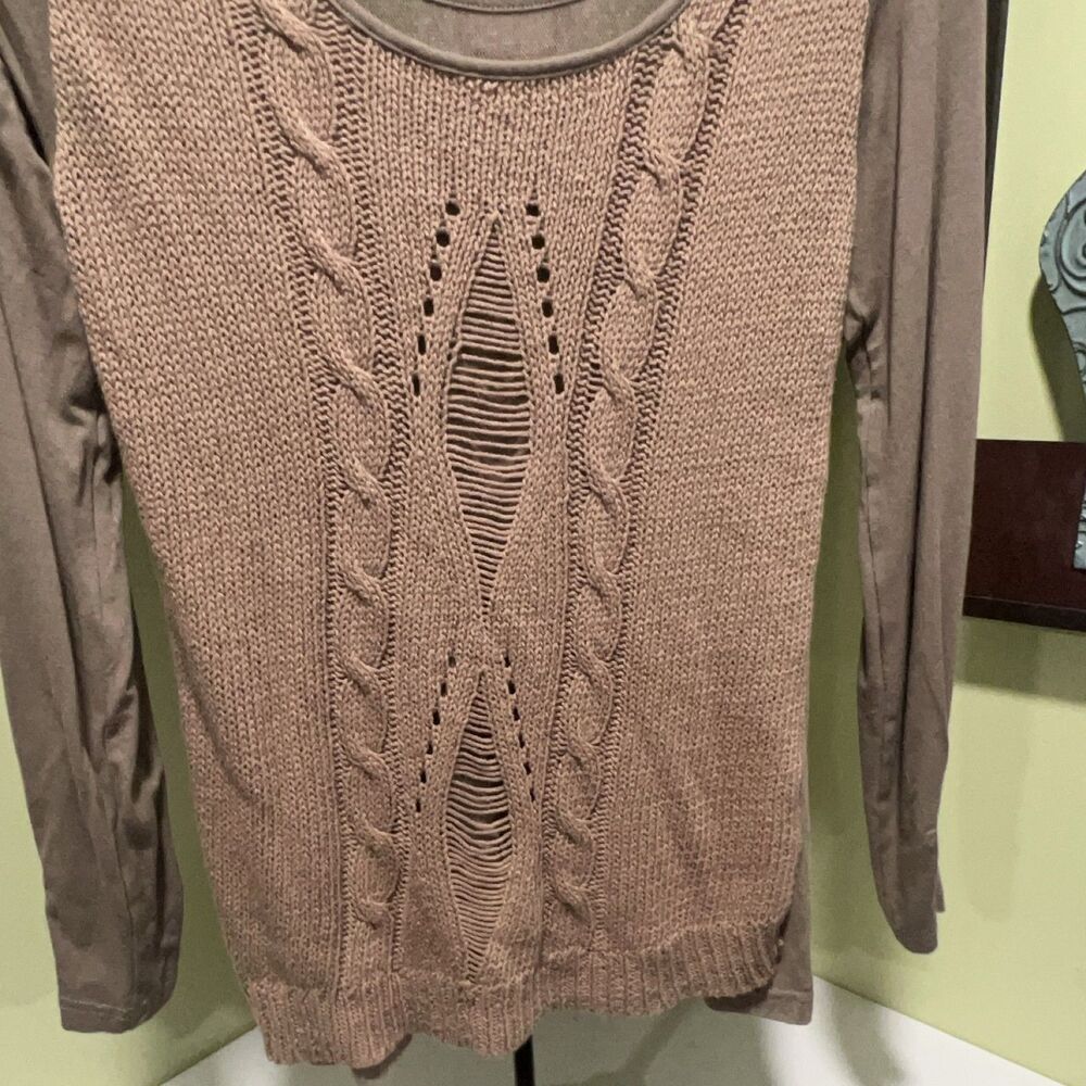 OMR Taupe Cable Knit Distressed Cowl Neck Racerback Long Sleeve Sweater 38 US M - Picture 7 of 7